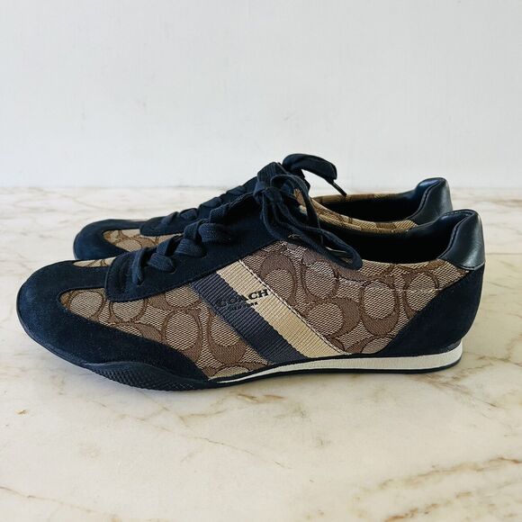 COACH Kelson Khaki Beige Midnight Navy Signature Jacquard Suede Sneakers - US 8 - Picture 5 of 8